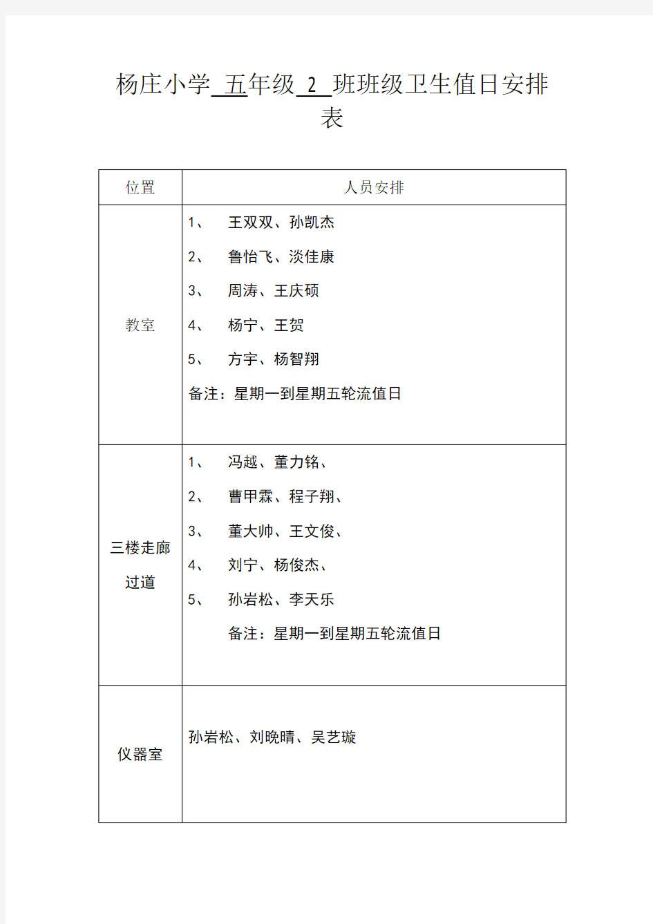 班级卫生值日安排表年级班