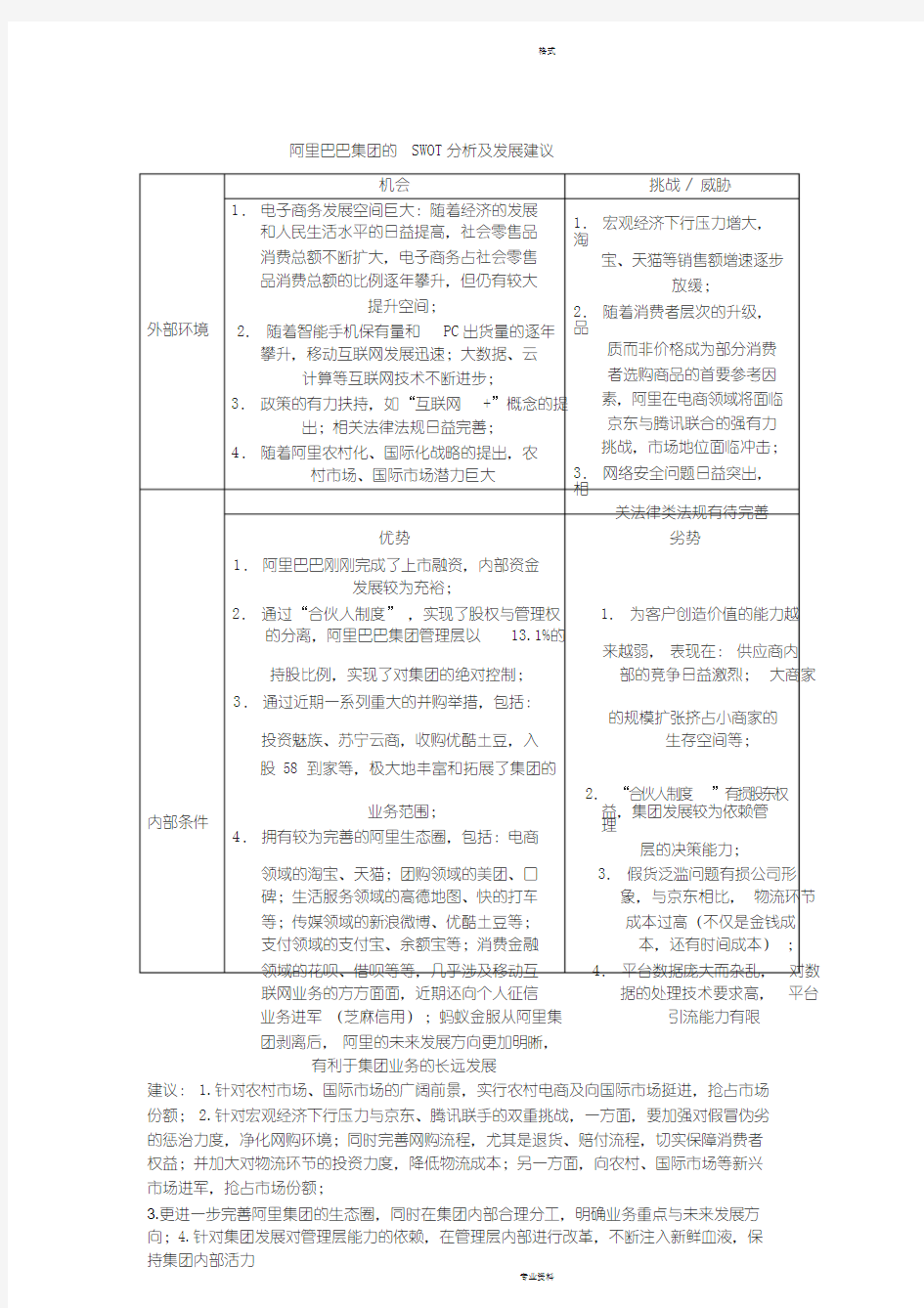 阿里巴巴集团地SWOT分析与发展建议