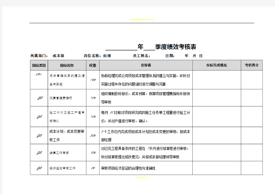 建筑公司成本部经理绩效考核表