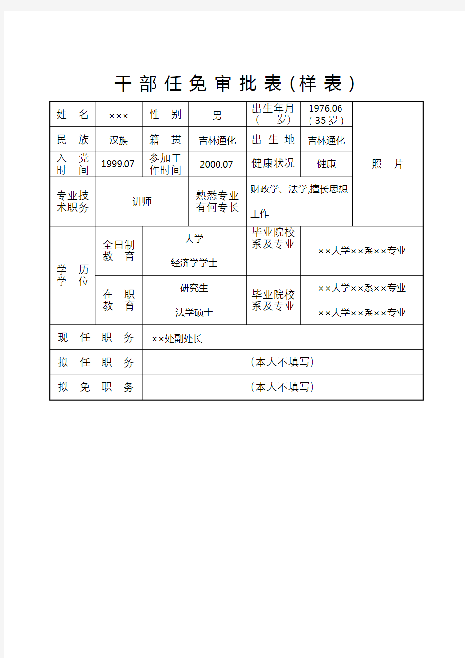 干部任免审批表(样表)【模板】