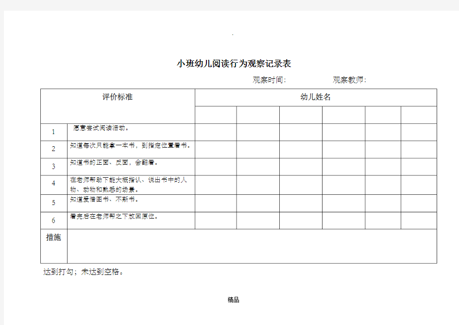 小班上学期幼儿阅读行为观察记录表