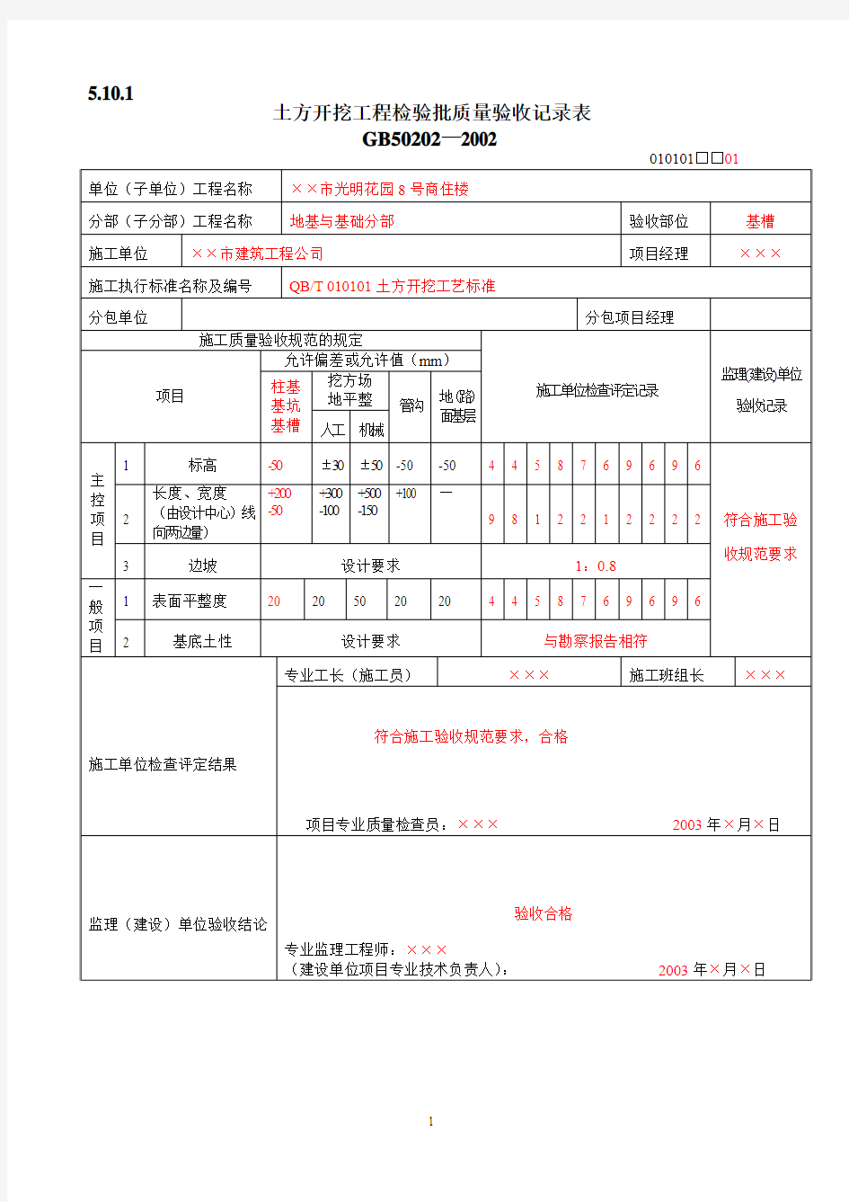 地基基础检验批质量验收记录表(填写范例)