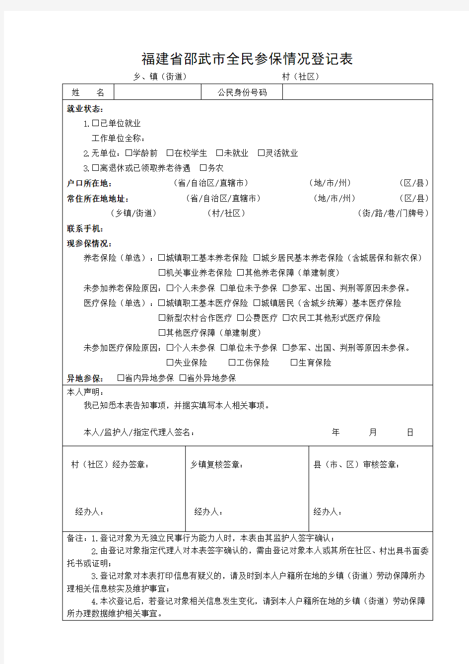 福建省邵武市全民参保情况登记表