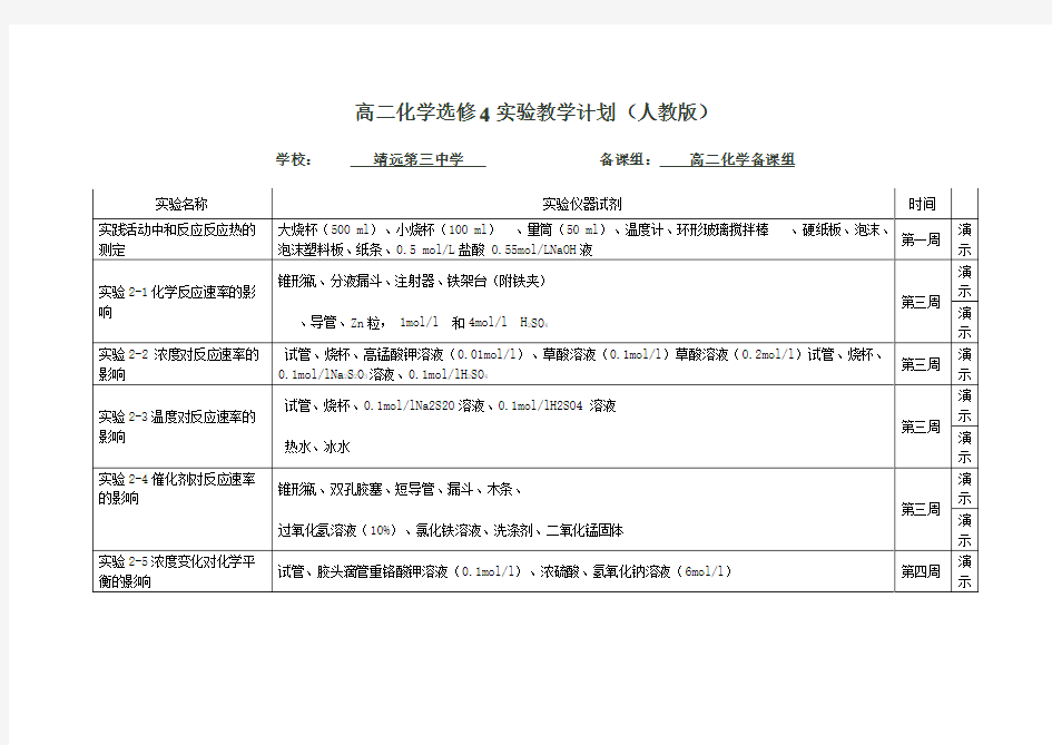 高中化学实验选修四实验计划