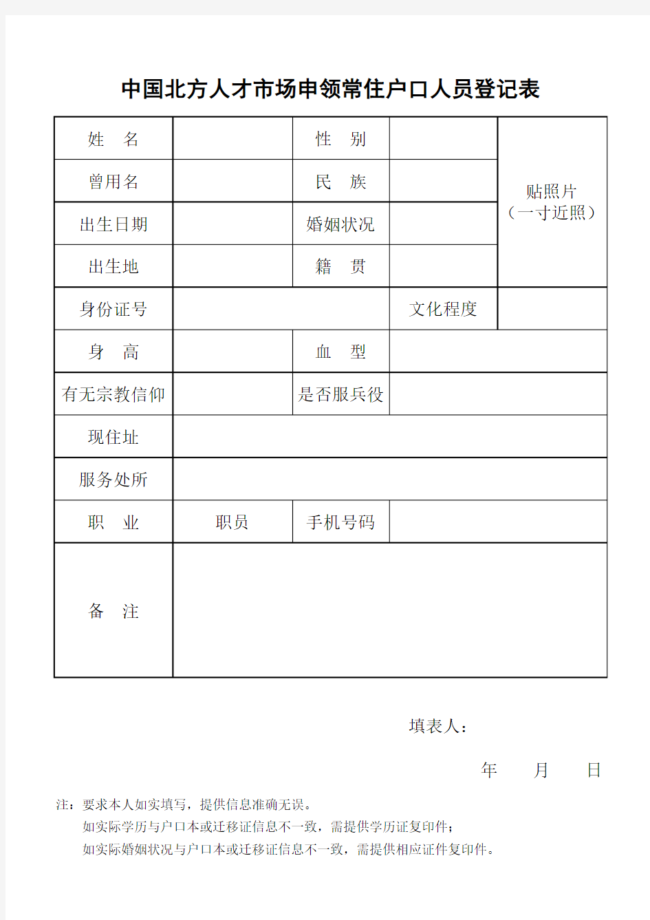 常住户口人员登记表