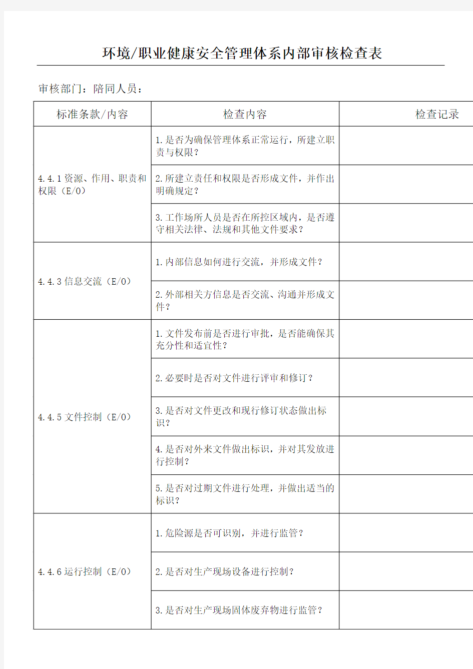 环境职业健康安全管理体系内审检查表格模板