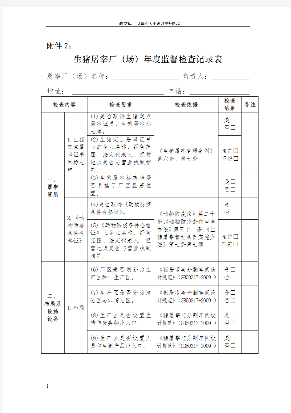 生猪定点屠宰场检查记录表