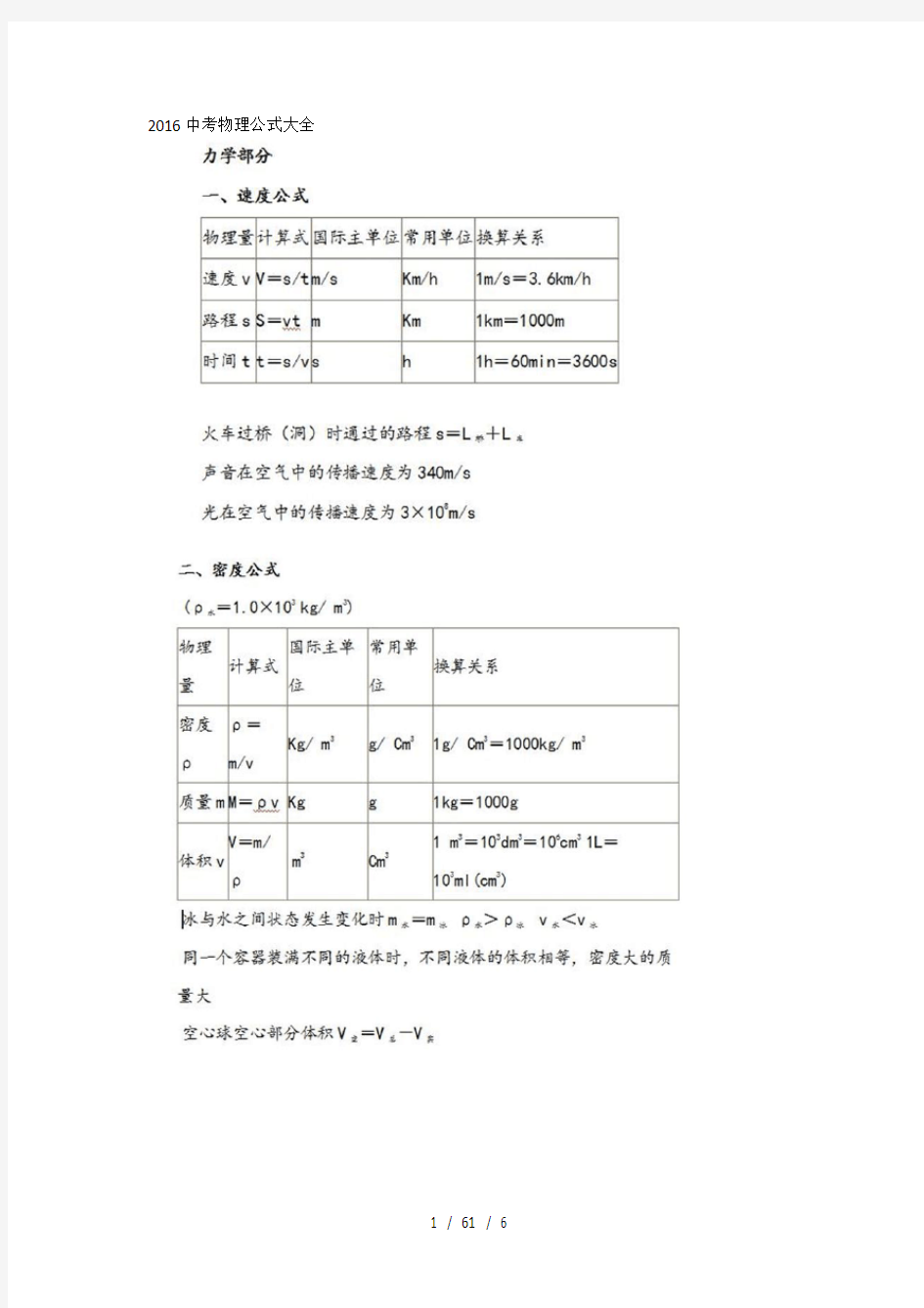 2016中考物理公式大全