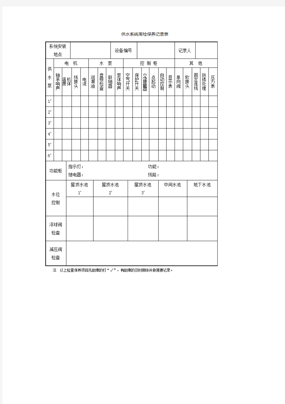 供水系统周检保养记录表