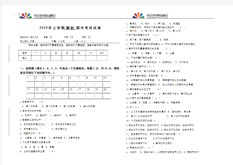 解剖学考试试卷 带答案