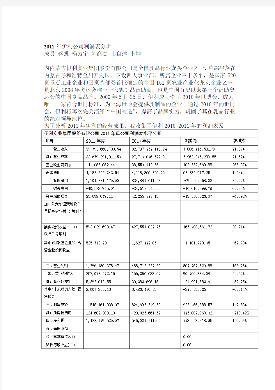 伊利公司利润表分析