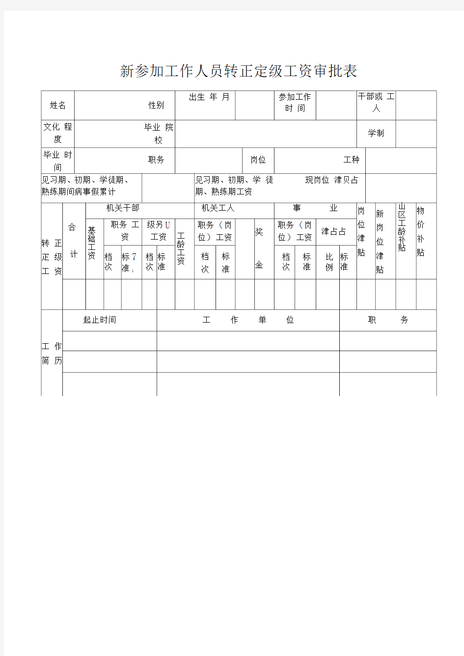 新参加工作人员转正定级工资审批表精品