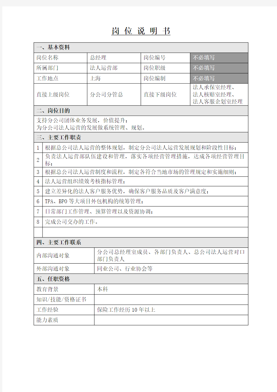 法人运营部经理岗位职责