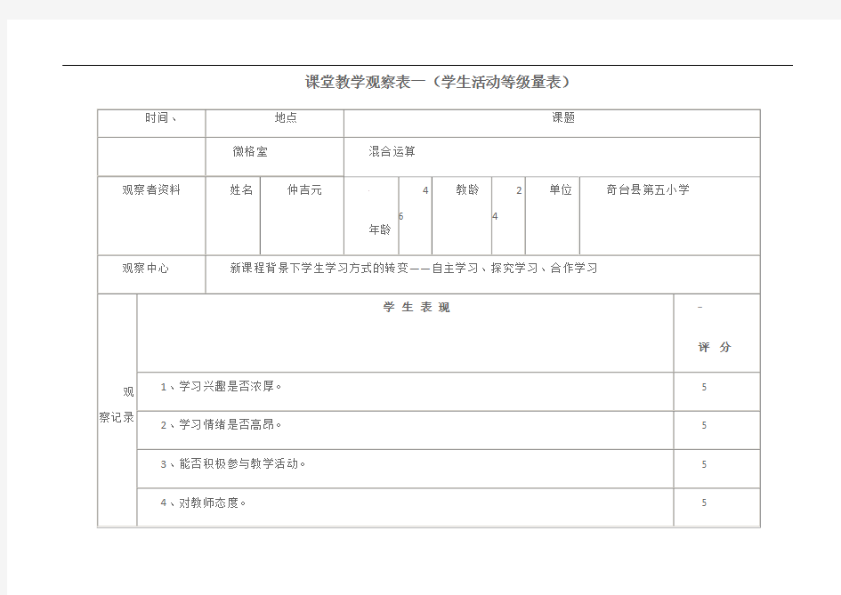 小学数学课堂观察量表