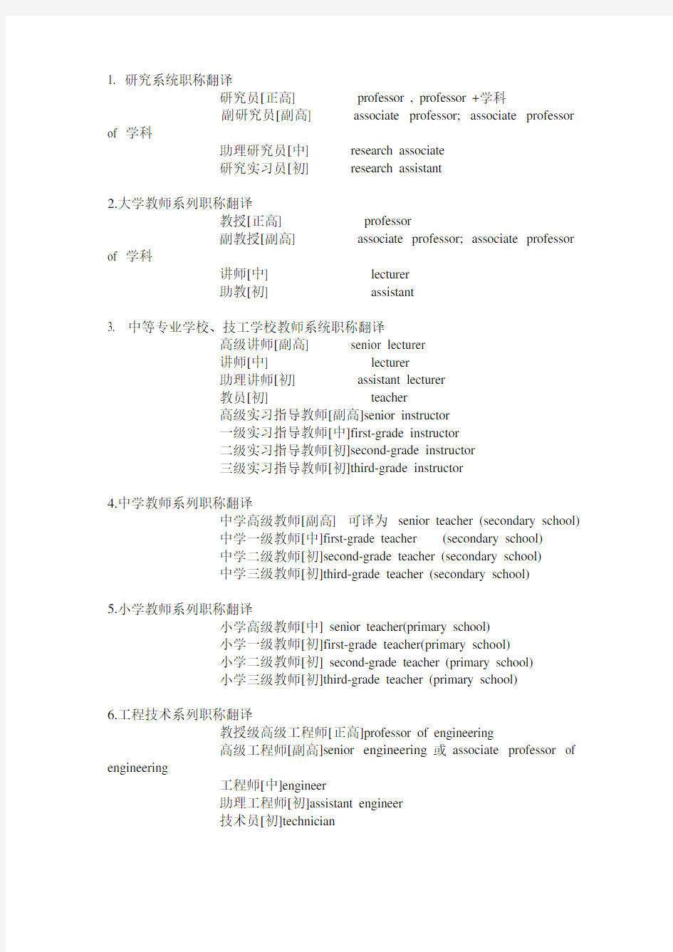 常用常见职称翻译汇总