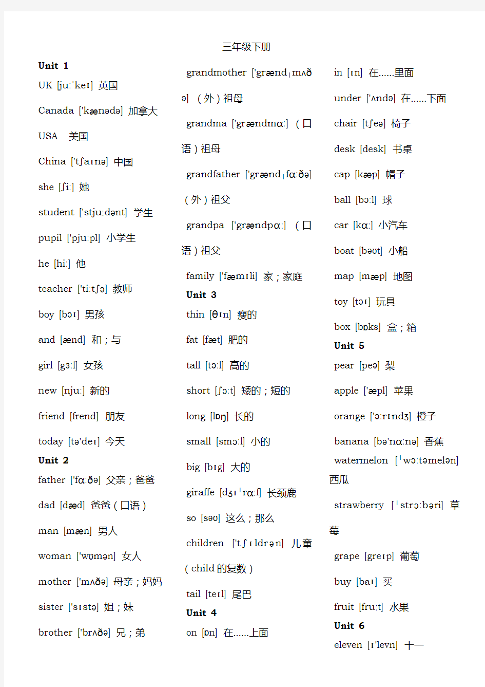 新人教版PEP英语单词表(三年级至六年级全8册)