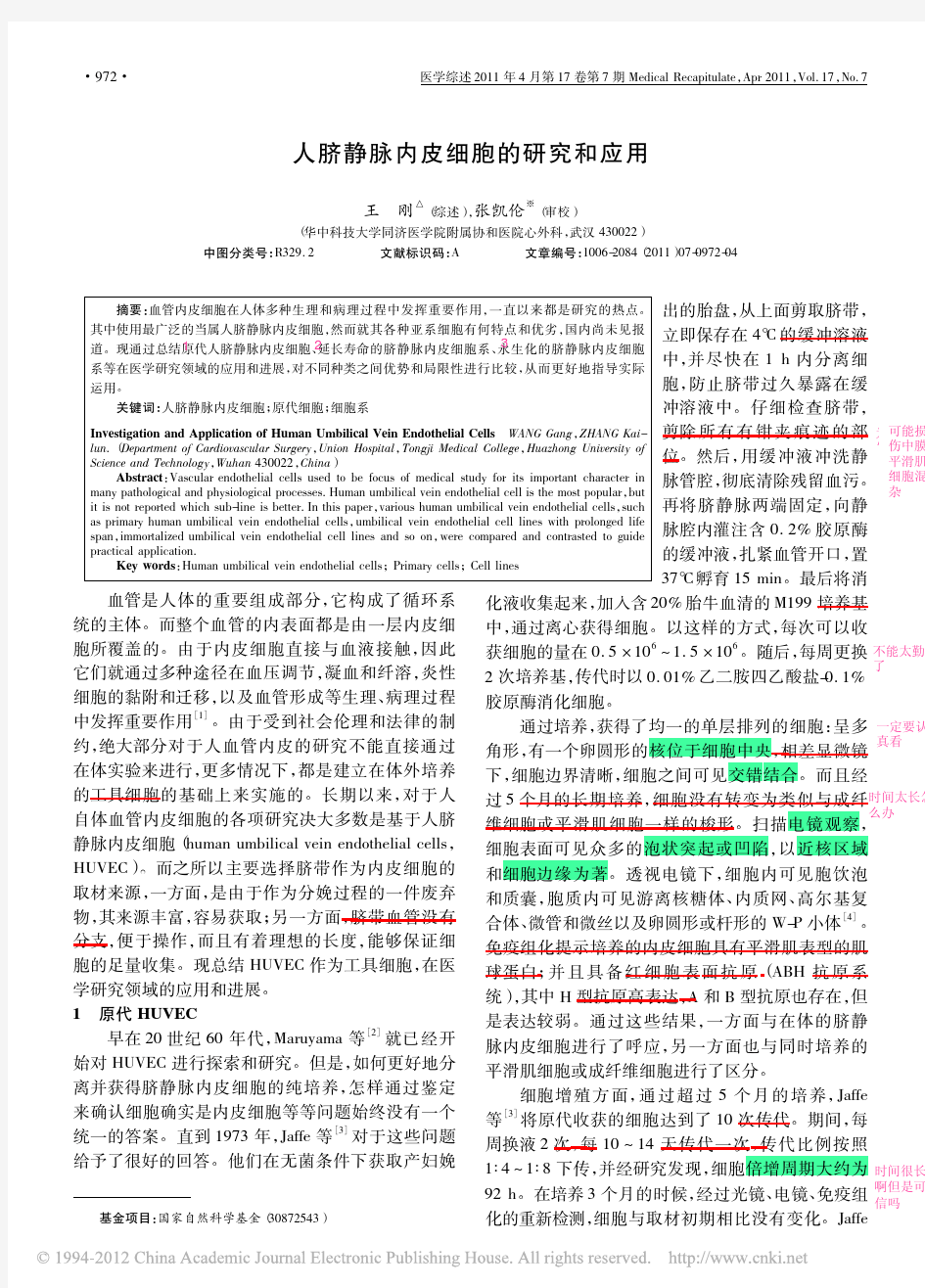 人脐静脉内皮细胞的研究和应用.  看过的综述pdf