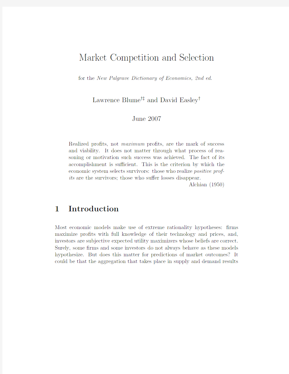 Market Competition and Selection for the New Palgrave Dictionary of Economics, 2nd ed.