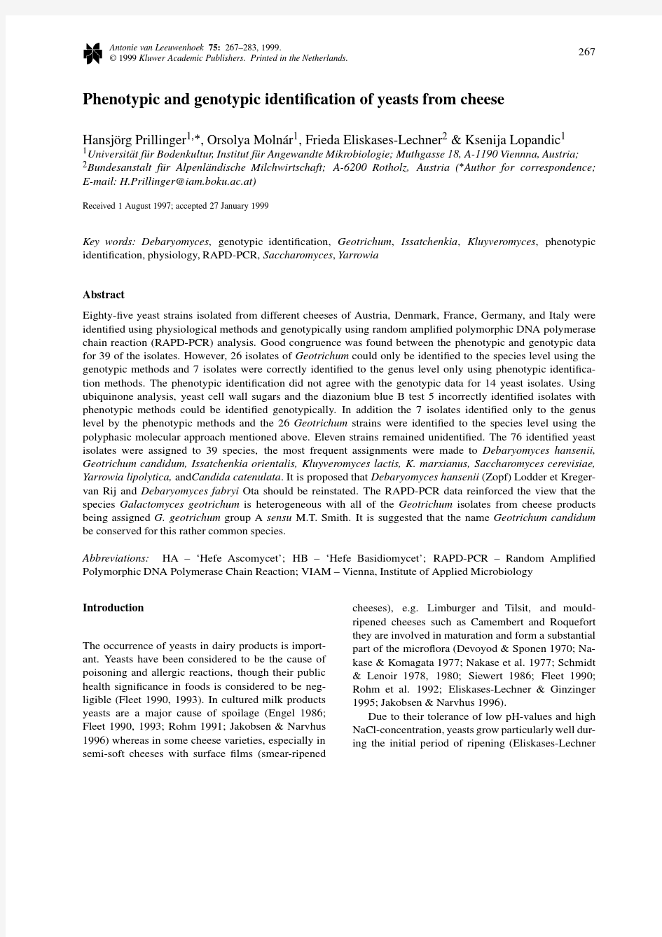 Phenotypic and genotypic identification of yeasts from cheese