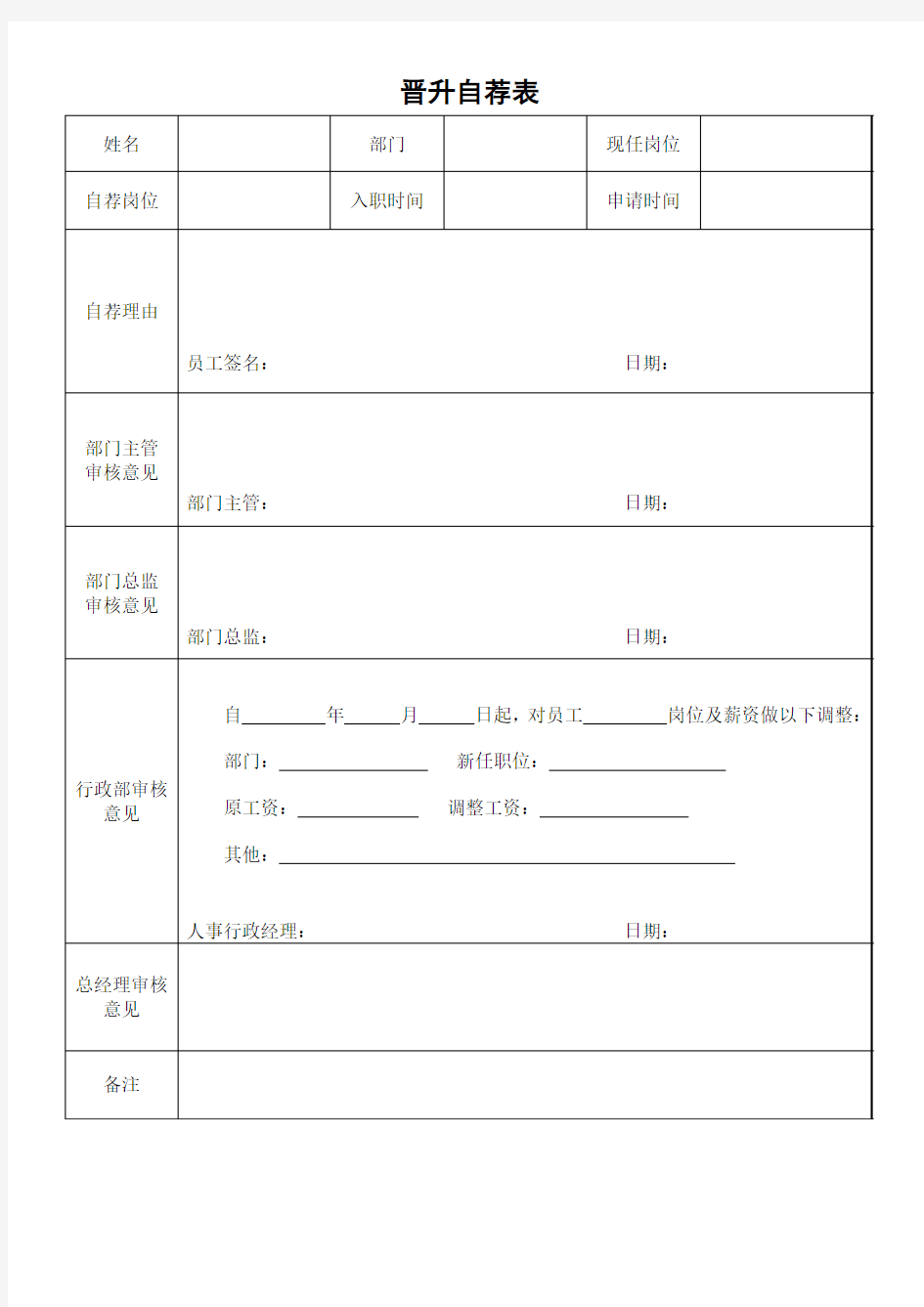 员工晋升自荐表