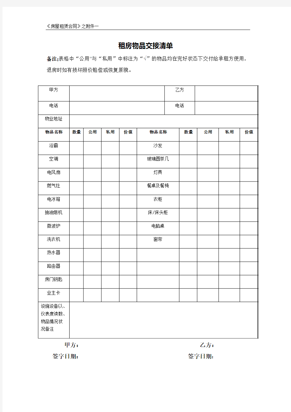 租房物品清单标准版(最新版)