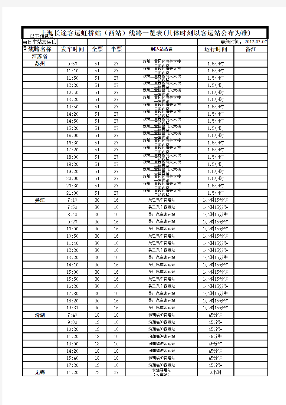 上海长途客运虹桥站(西站)时刻表
