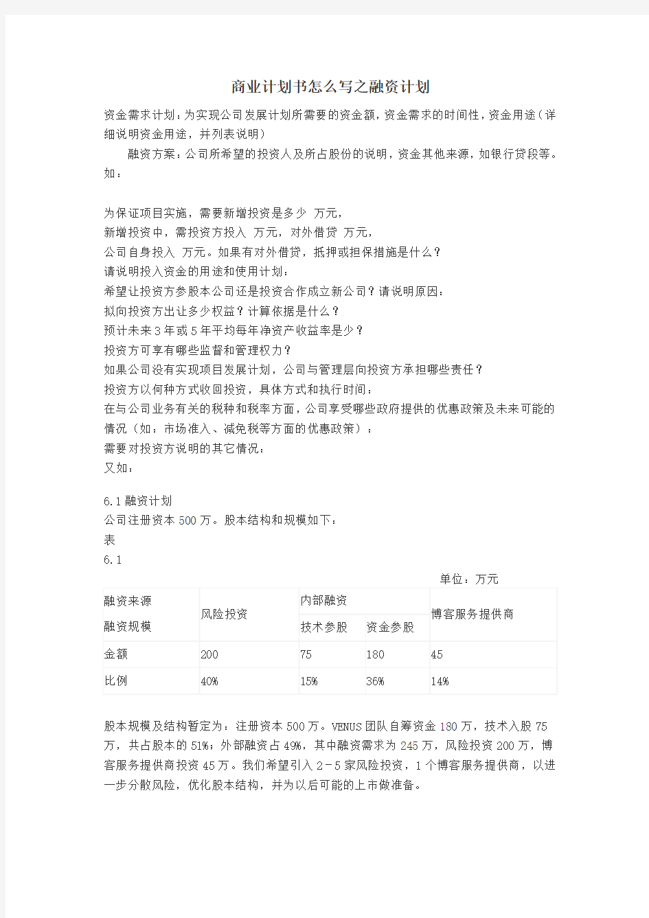 商业计划书怎么写之融资计划