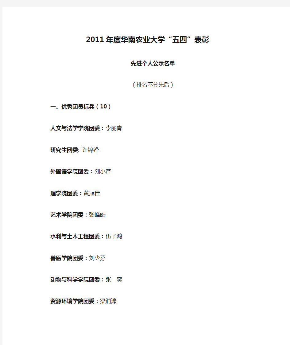 2011年度华南农业大学“五四”表彰先进个人公示名单