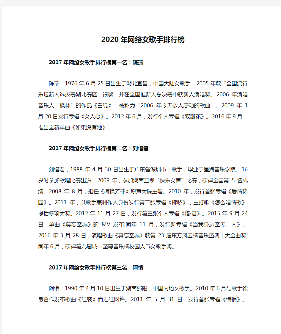 2020年网络女歌手排行榜