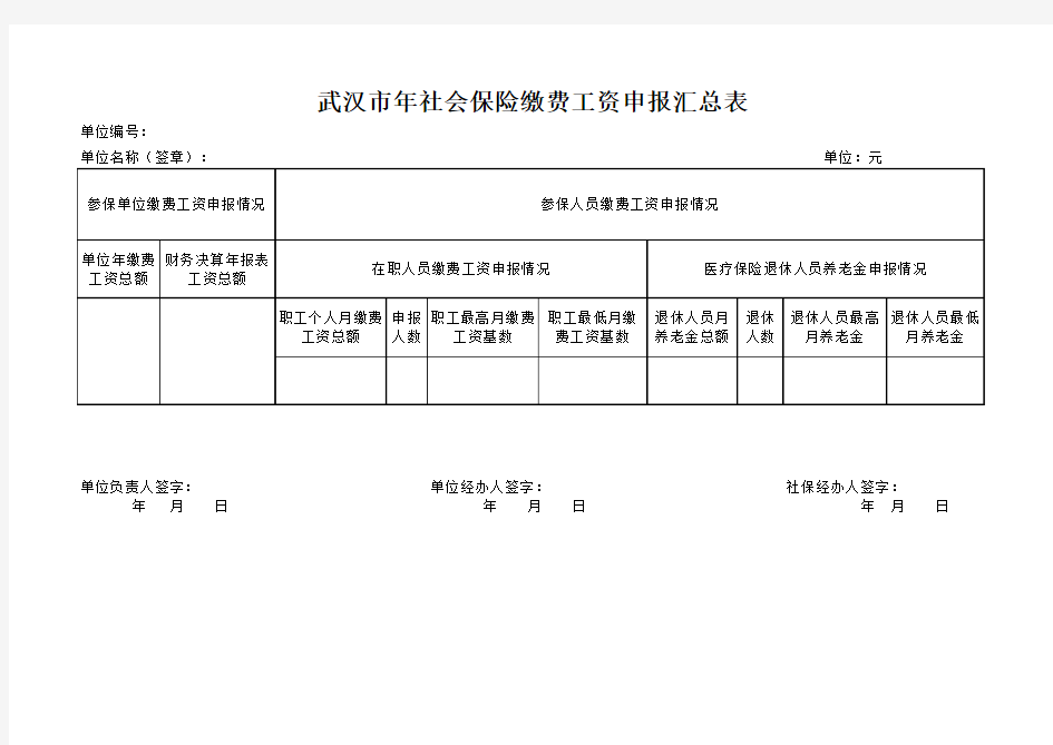 武汉市年社会保险缴费工资申报汇总表