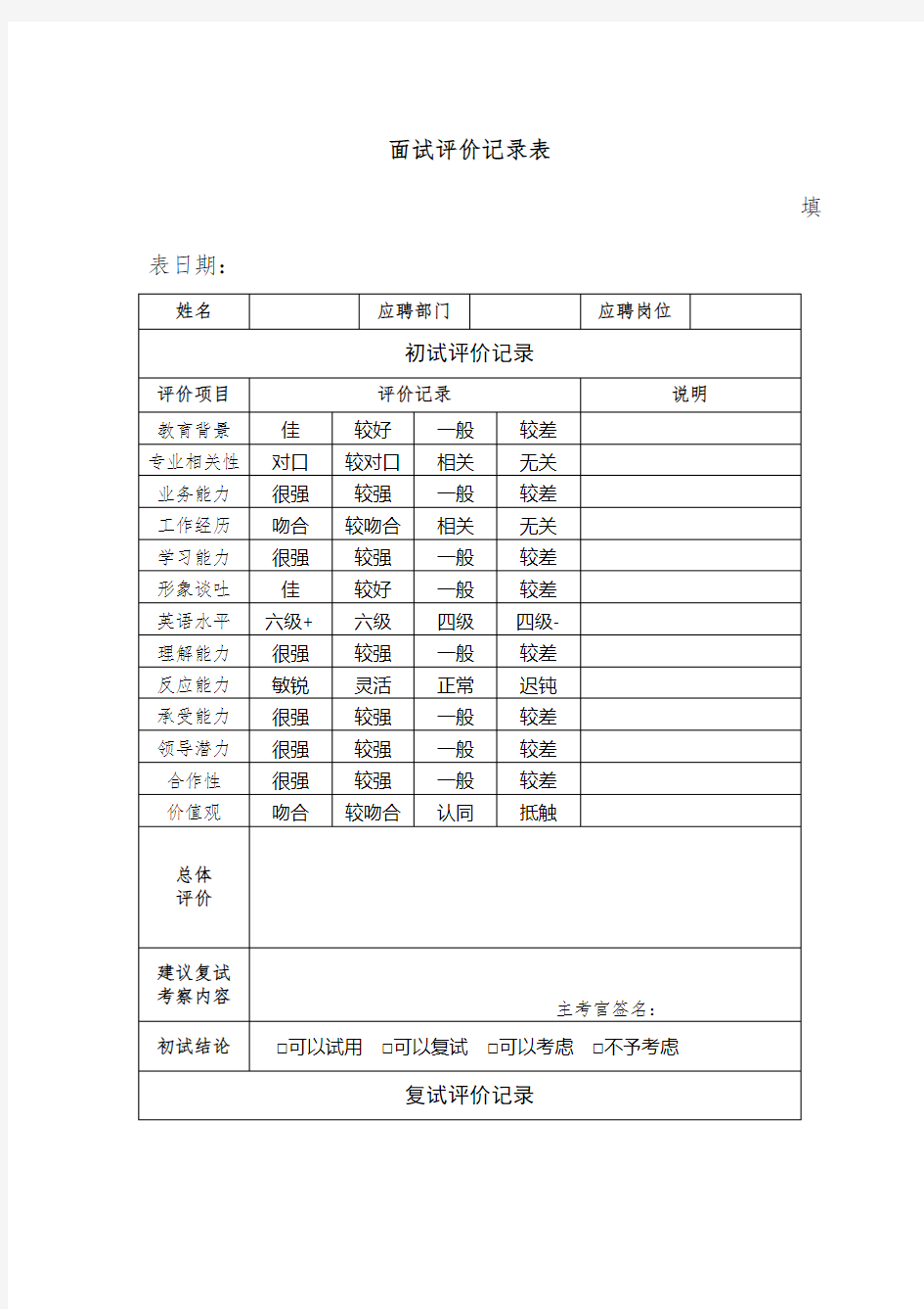 人员面试评价记录表