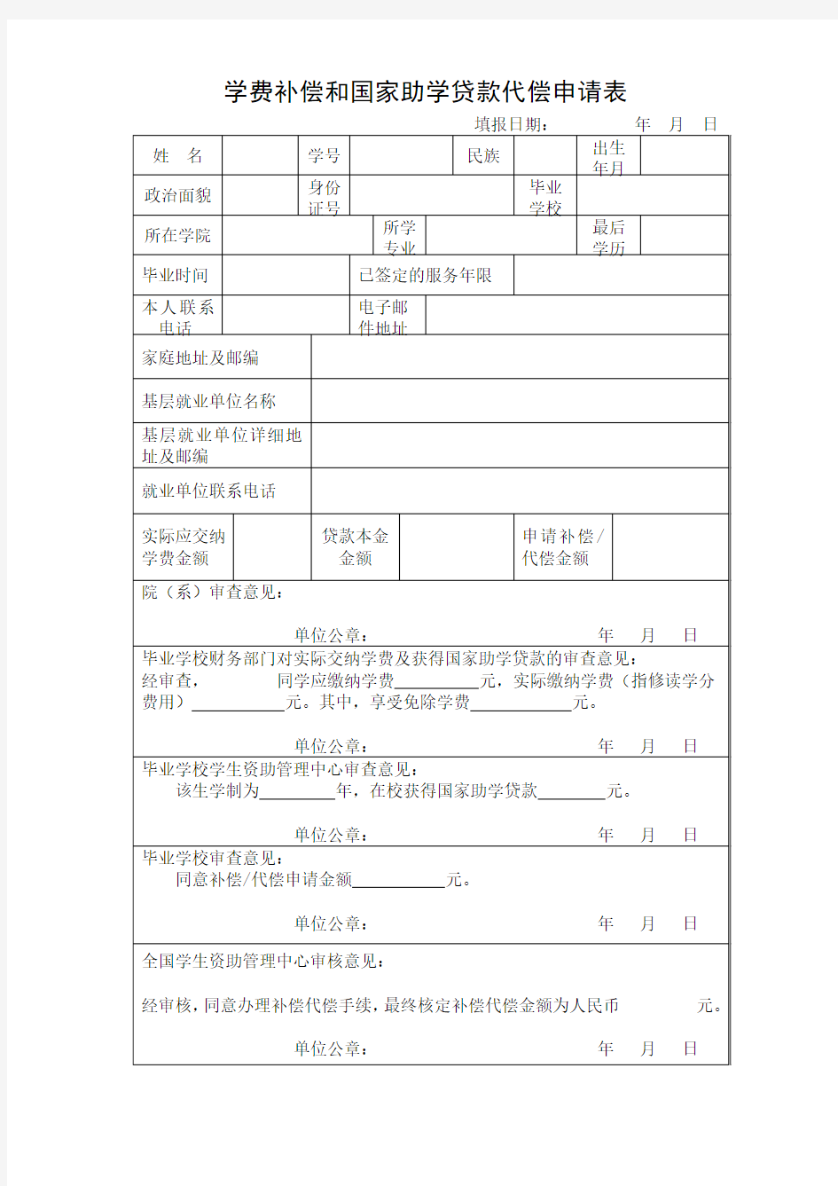 学费补偿和国家助学贷款代偿申请表