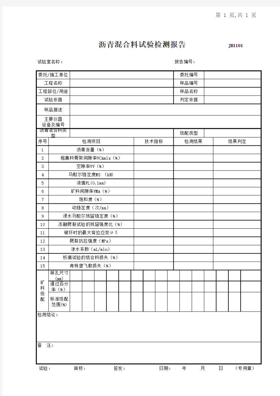 沥青混合料试验检测报告  模板