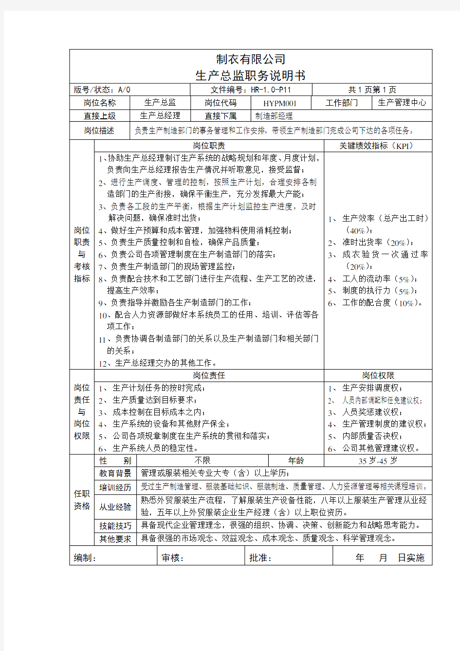 制衣有限公司生产总监职务说明书