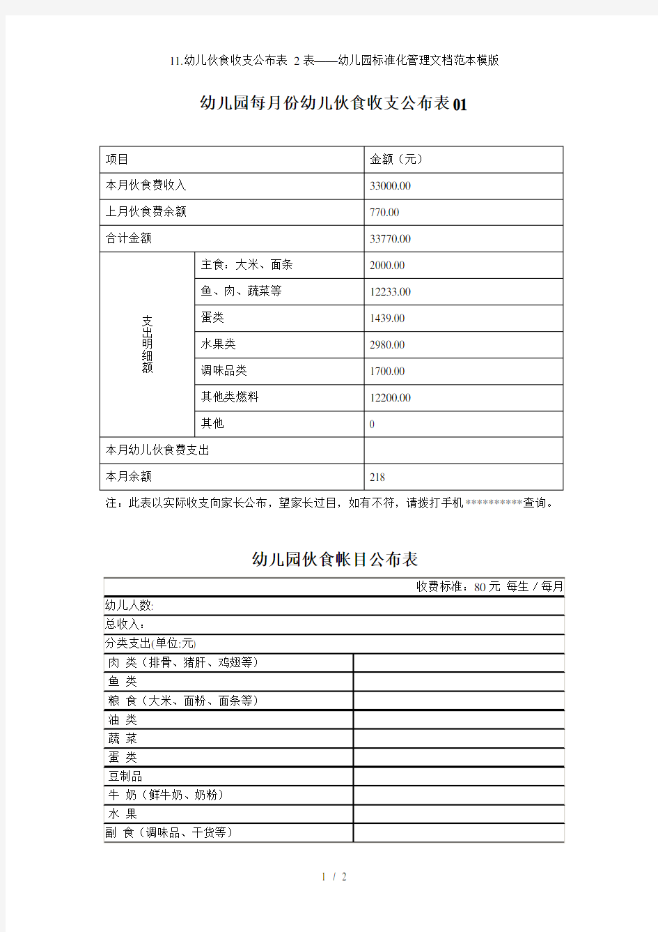 11.幼儿伙食收支公布表 2表——幼儿园标准化管理文档范本模版