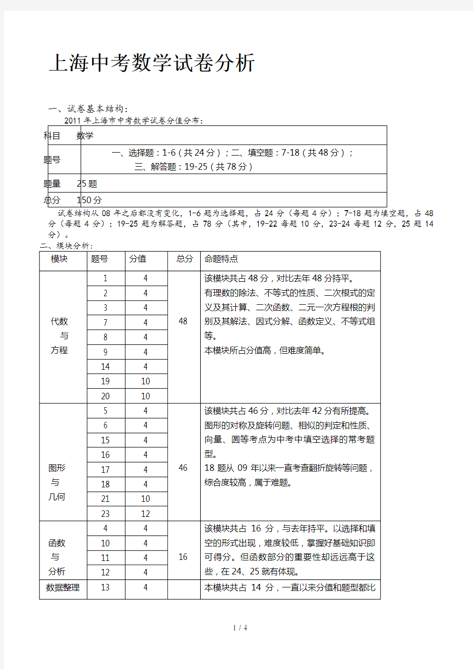 上海中考数学试卷分析