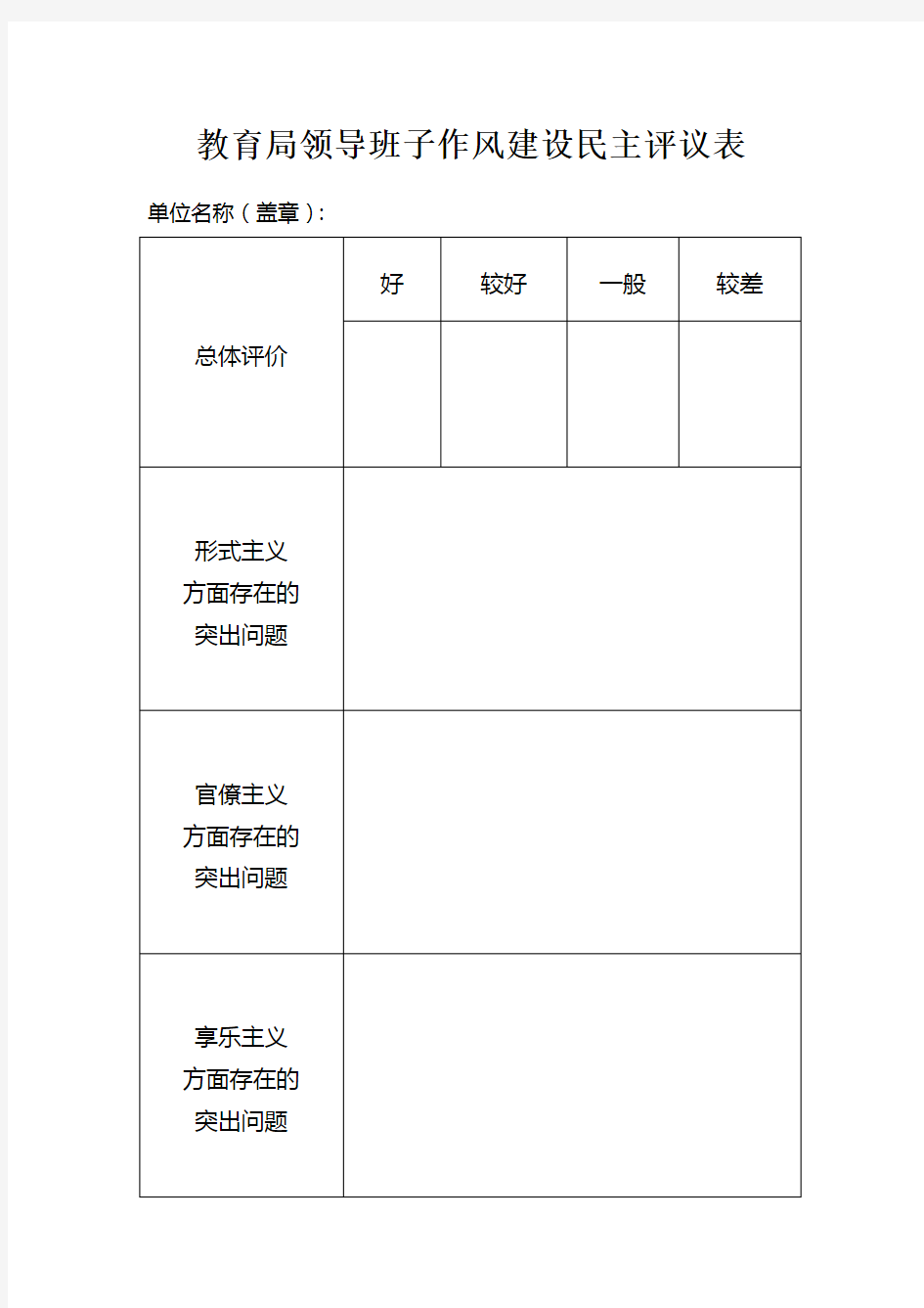 xx单位领导班子作风建设民主评议表