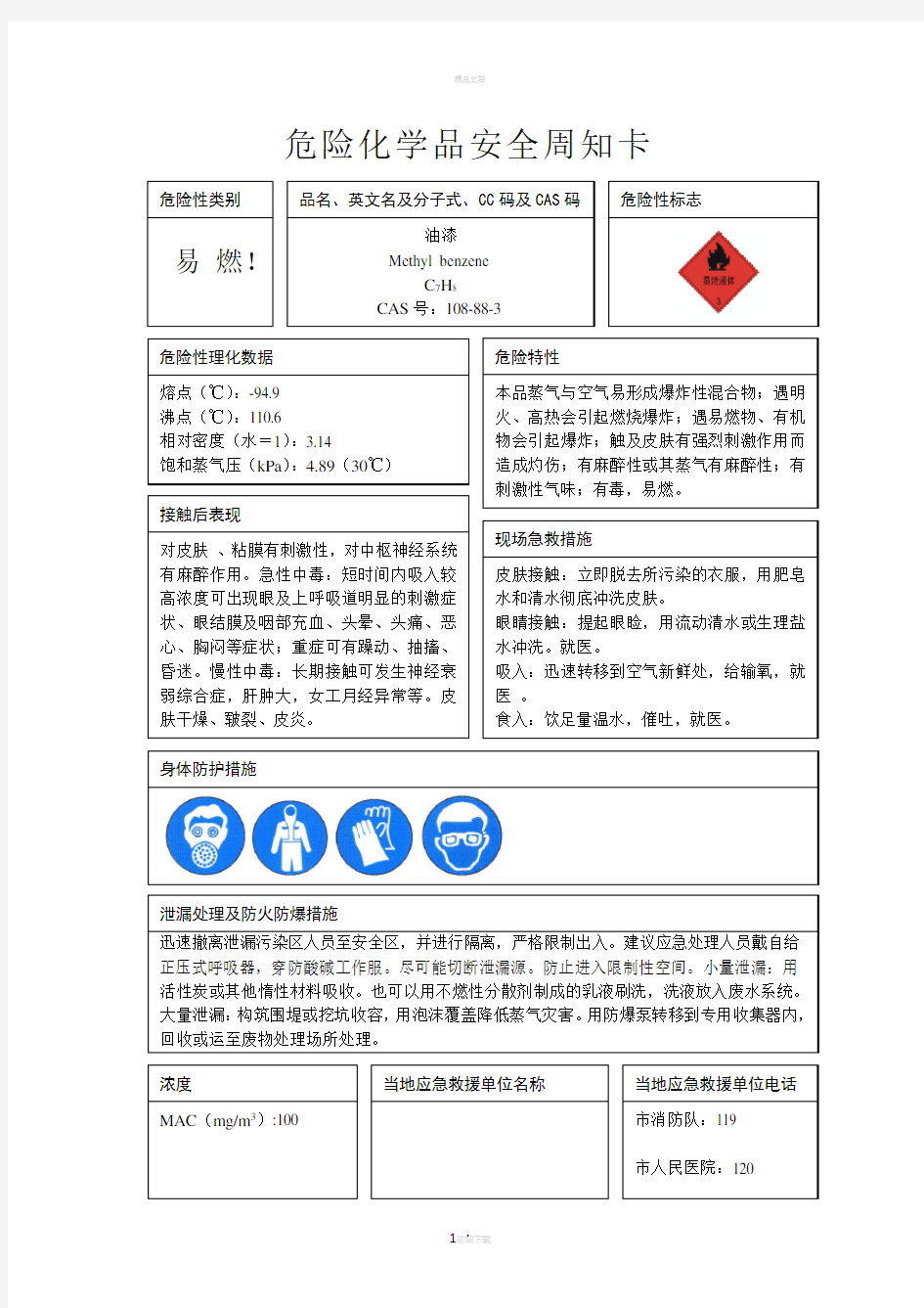 危险化学品安全周知卡