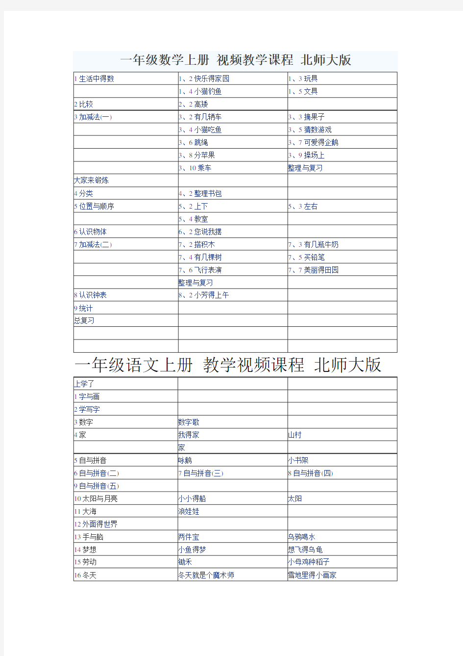 一年级数学上册 视频教学课程 北师大版