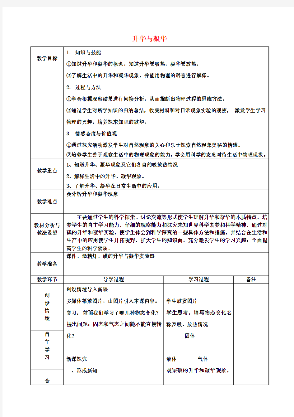 九年级物理《12.4升华与凝华》教案(新版)沪科版