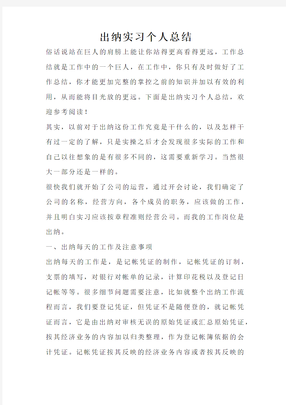 出纳实习个人总结