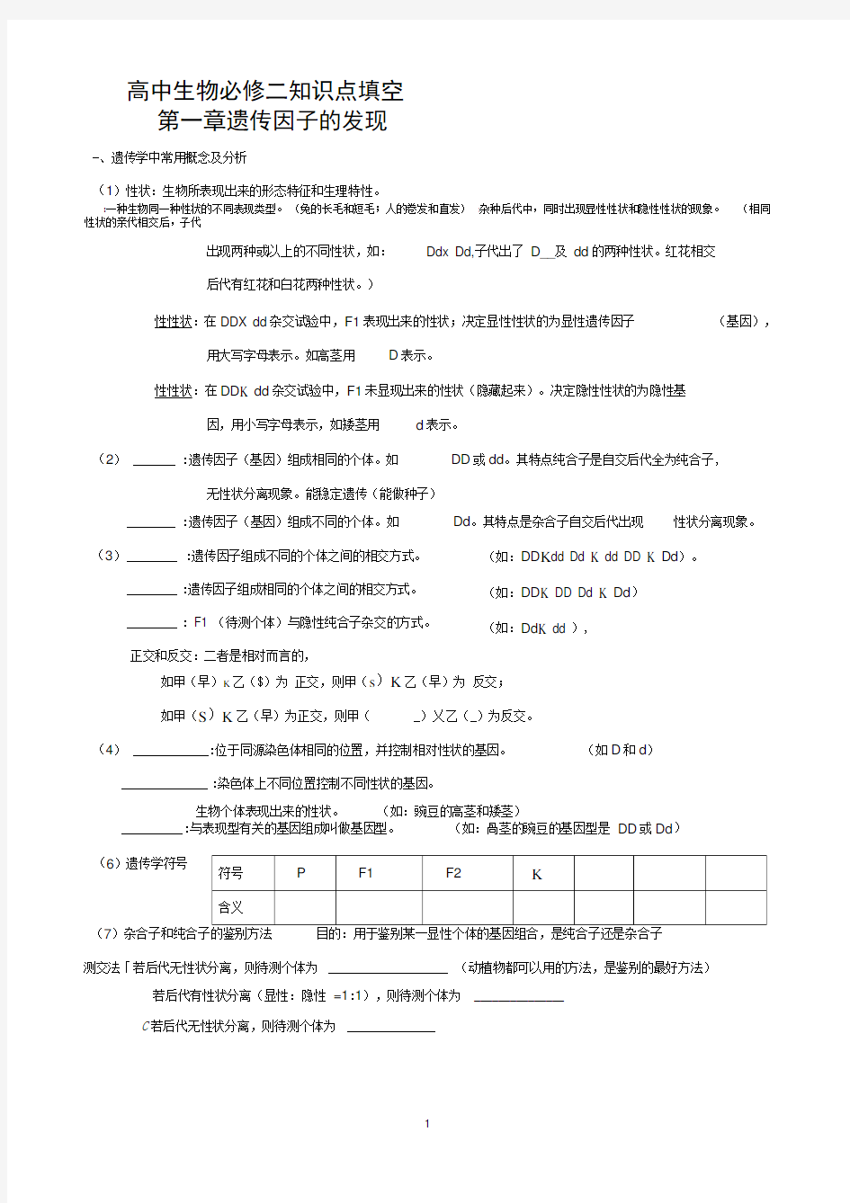 高中生物必修二知识点填空(最详版)