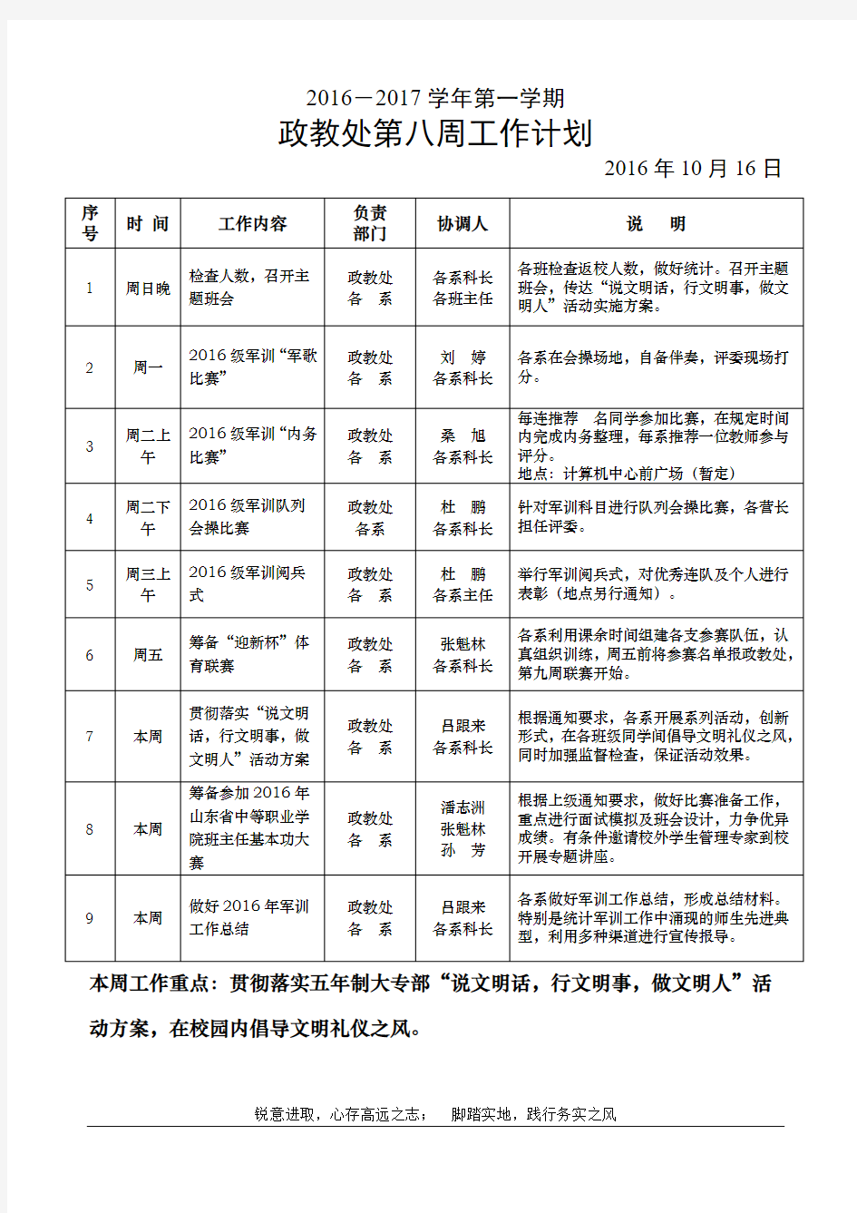 2016-2017学年第一学期第八周政教处工作安排