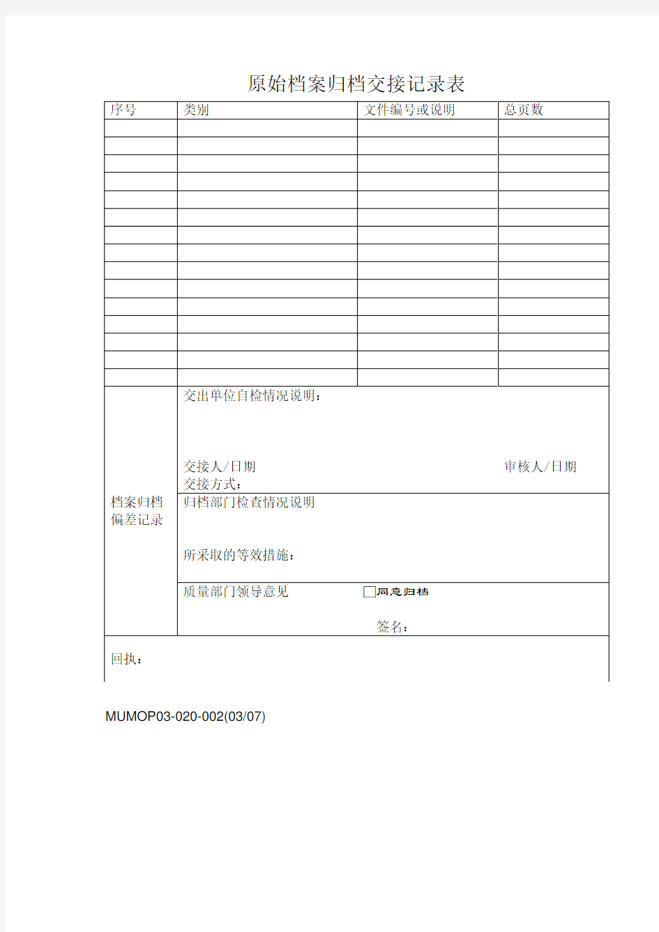 【民航】MUMOP原始文件交接情况记录表