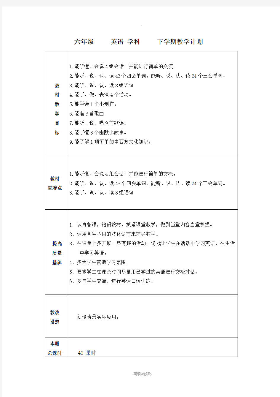 人教精通版英语六年级英语下册教案