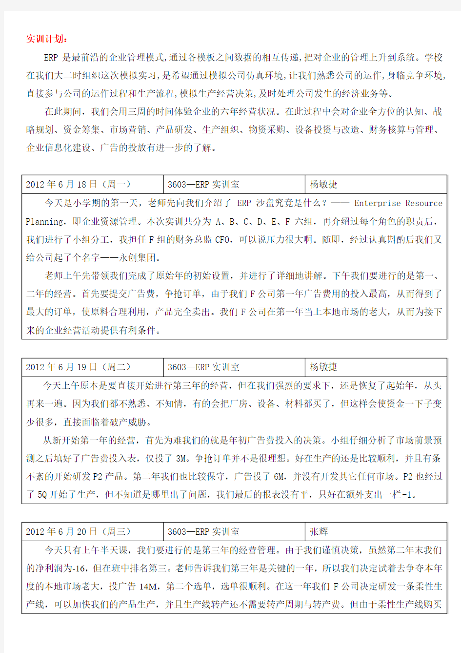 ERP沙盘实训日记 实训报告