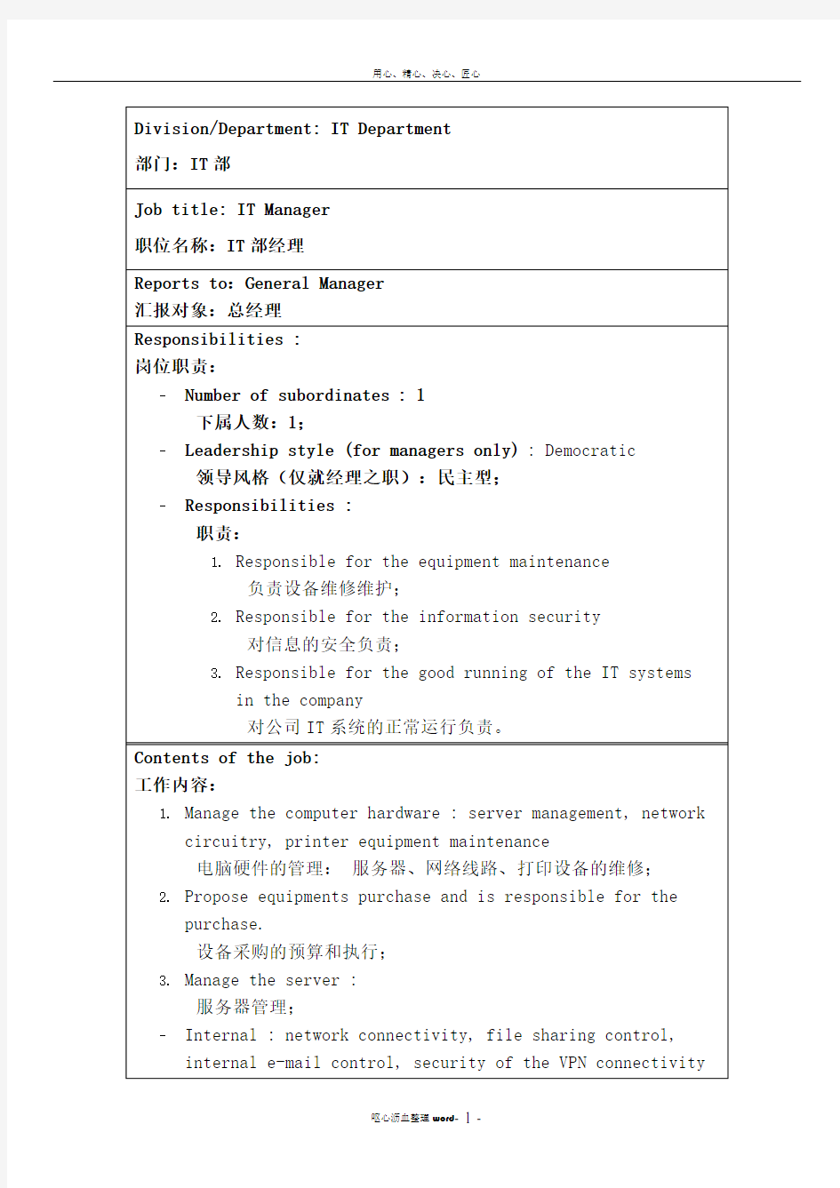 IT部经理岗位说明书