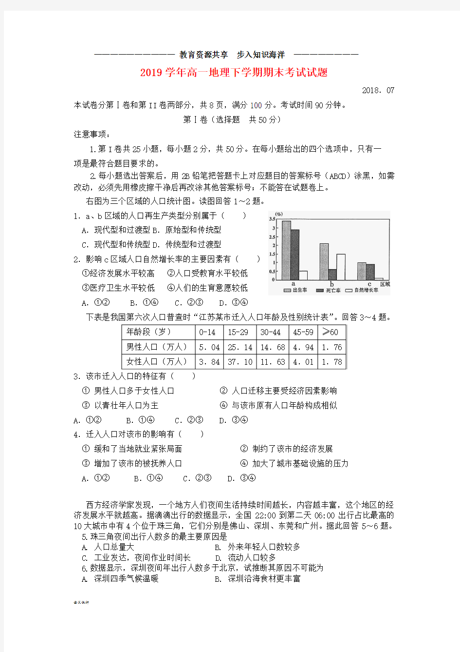    高一地理下学期期末考试试题(新版)新人教版