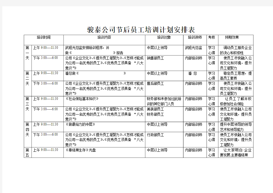 公司员工节后培训课程安排表