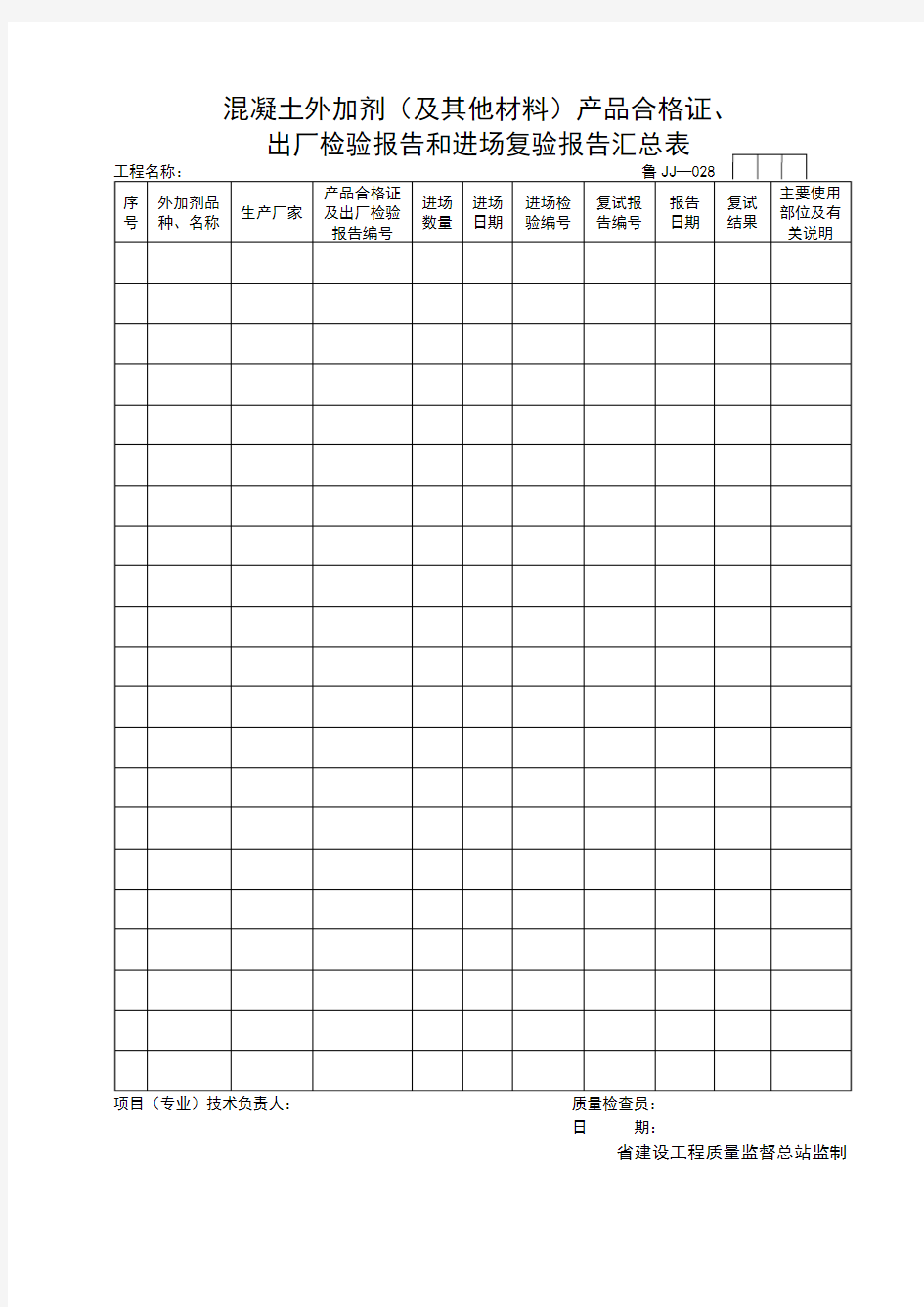 混凝土外加剂(及其他材料)产品合格证